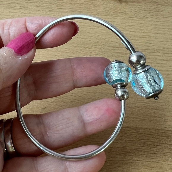 VINTAGE STERLING SILVER COIL WRAP CUFF BRACELET FROSTED AQUA BLUE MURANO GLASS - Picture 12 of 16